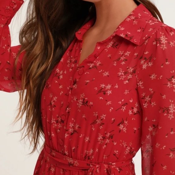 Lulu’s Flirt Fest Red Floral Print Midi dress - Picture 3 of 9